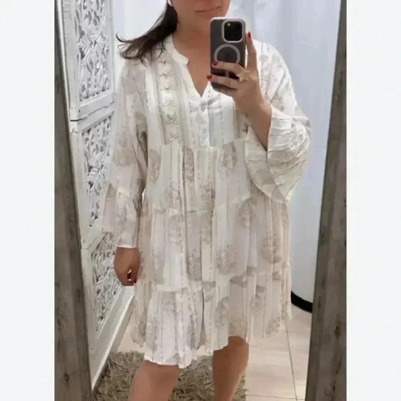 NWT Zury OS 100% Viscose‎ Paisley Fringe Boho Mini Dress Free Size Gold & White